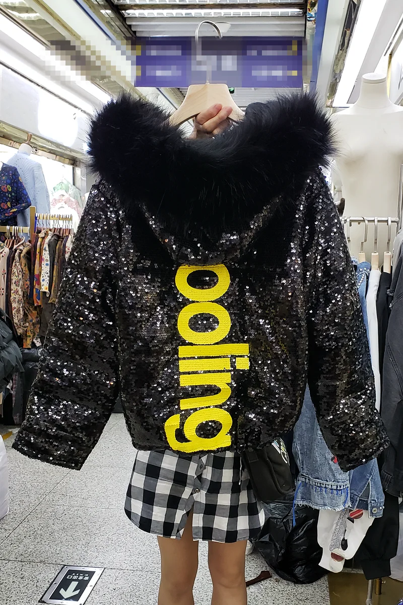 BF Стиль Уличная Женская корейская зимняя куртка женская черная с блестками свободная короткая мотоциклетная куртка с капюшоном хлопковое пальто LJ746