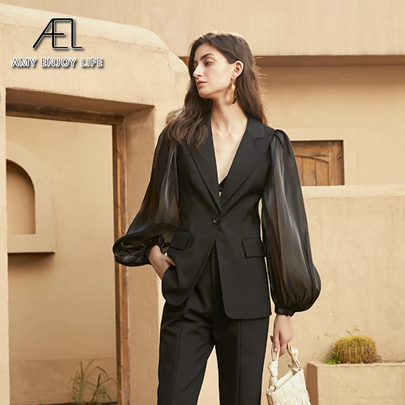 

AEL black blazer women fashion organza puff sleeve sexy V neck slim suit jacket elegant lady new