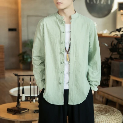Традиционная китайская одежда для мужчин, льняная футболка в восточном стиле с вышивкой и пряжкой, куртка с воротником-стойкой, мужская одежда кунг-фу, M-5XL - Цвет: light green