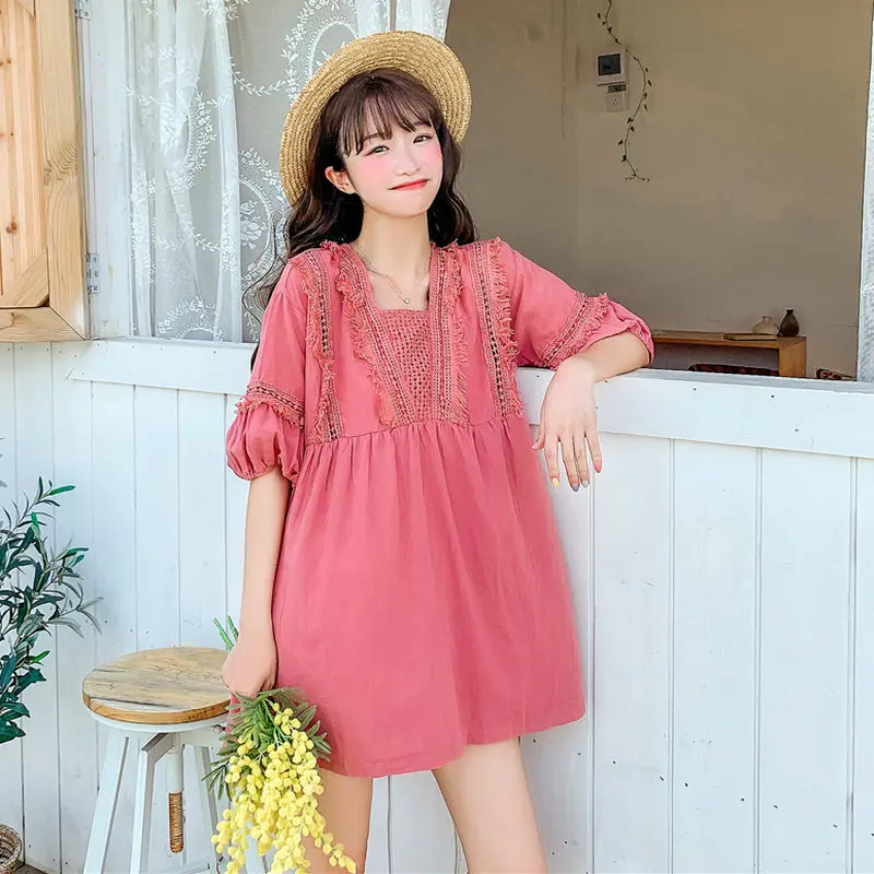 

Bohemia Style Women Chic Pink Peplum Blouses Loose Fitting Cotton Ethnic Tops Short Sleeve Tassels Hem Design Blouse Big Yards