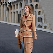 [EAM] свободное клетчатое шерстяное пальто, парки, новинка, длинный рукав, женская мода, Осень-зима, 1K908