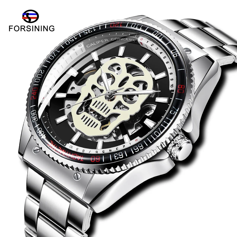 

FORSINING Silver Steampunk Male Automatic Mechanical Watches Ghost Skull Head Stainless Steel Men Luminous Clock Montre Homme