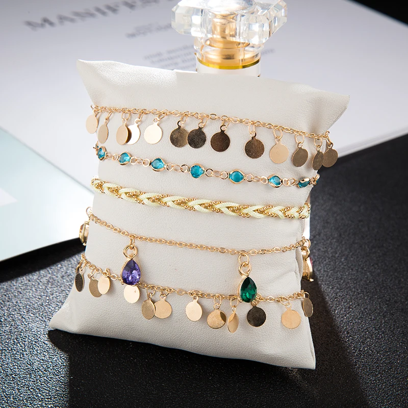 Tocona Boho 5pcs/sets Colorful Crystal Stone Anklets for Women Gold Wafer Tassel Rope Feet Bracelets Summer Jewelry 8407 - Image 3