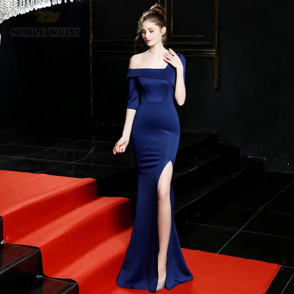 Вечерние платья цвета слоновой кости русалка эластичное атласное платье для вечеринки сексуальное длинное платье с разрезом для выпускного вечера с рукавами - Цвет: dark blue