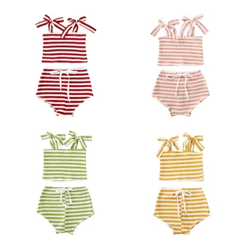 

0-24M NEW Summer Infant Baby Girl Stripe Knited Clothes Set Tie-up Shoulder Top + High Waist Short Bottom 2 pcs Outfits