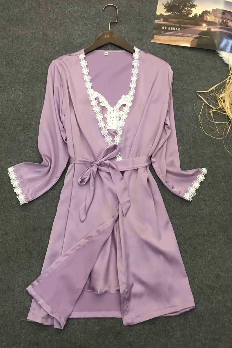 Taro Purple Женский пижамный комплект, сексуальные пижамы, весенние и летние рубашки с коротким рукавом, кружевная ночная рубашка на бретелях, шелковые пижамы, облегающие - Цвет: Taro Purple