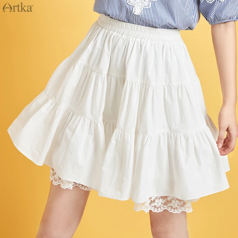 

ARTKA 2020 Summer New Women Skirt Elegant Ruffles Lace A-line Skirt 100% Cotton Elastic Waist White Skirts Women QA25004X
