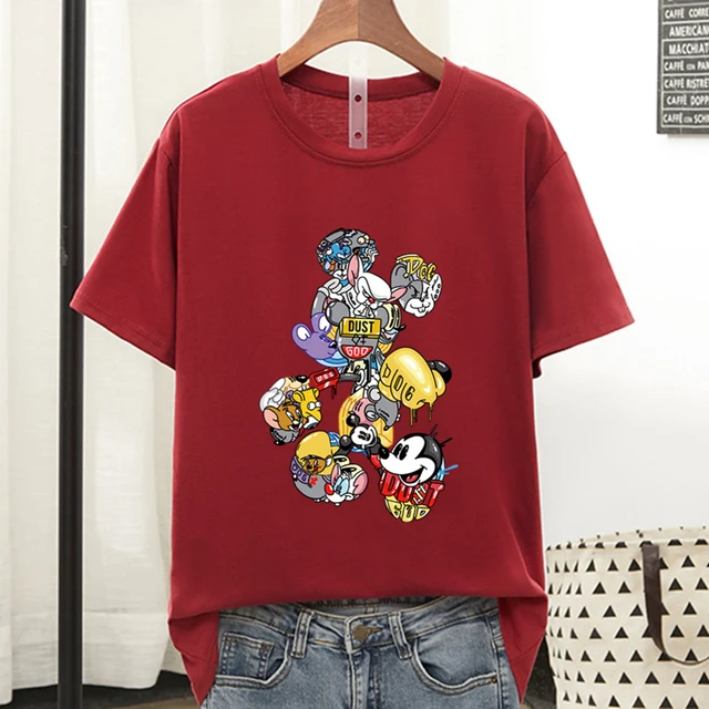 Disney Colorful Mickey Mouse T Shirt Women 2021 Summer Tshirt Graphic Tee Cool Women T-shirt Female Tee Shirt 90s Aesthetic Tops Wine Red