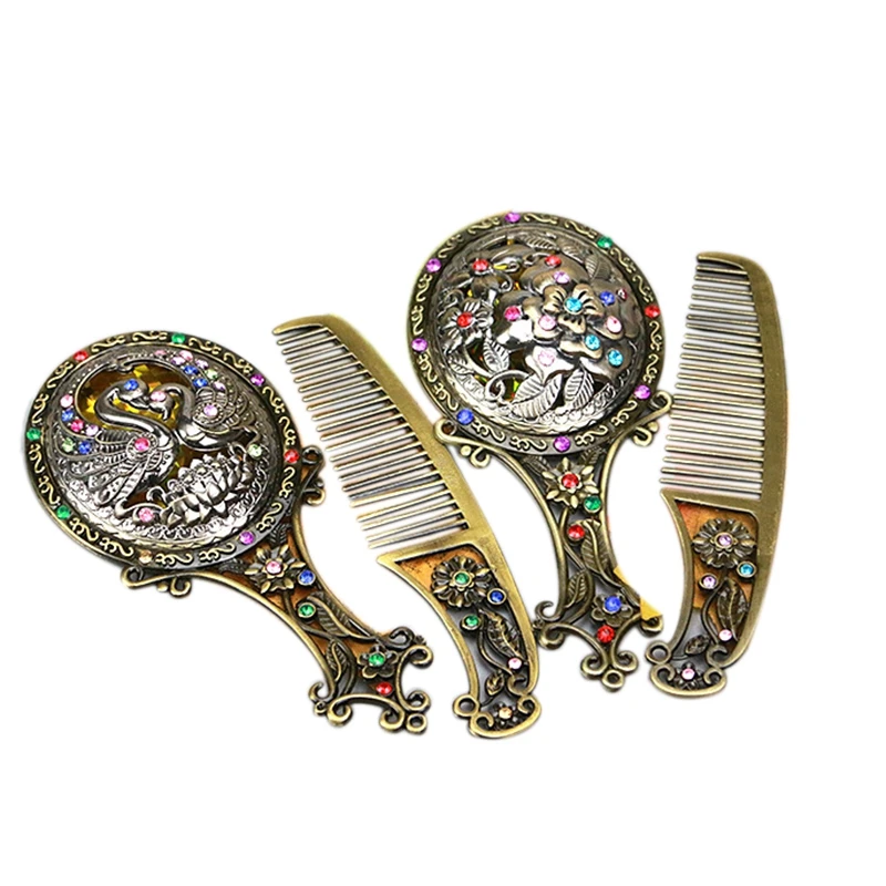 

Makeup Mirror Chinese Retro Hollow Carved Rhinestone Mirror Comb Set