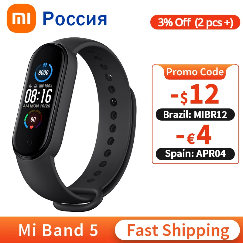 Reloj inteligente Xiaomi Mi Band 5, pulsera inteligente deportiva Mi Band 5 con pantalla táctil a Color y control del ritmo cardíaco, batería de 125mAh y Bluetooth 5,0