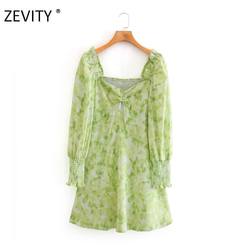 Zevity Women vintage elastic ruffles tie dyed print a line mini dress lady puff sleeve side zipper vestidos party Dresses DS4198 Zevity Women vintage elastic ruffles tie dyed print a line mini dress lady puff sleeve side zipper vestidos party Dresses DS4198