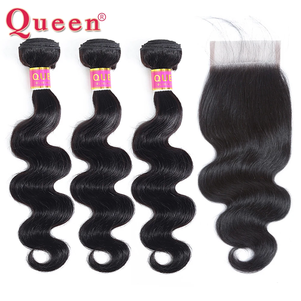 

Queen Hair Peruvian 3/4 Bundles With Closure 100% Remy Body Wave Human Hair Bundles With Free/Middle/Three Part Closure