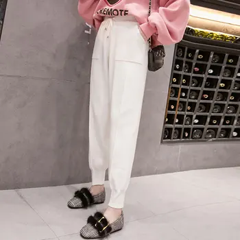 

Chic Autumn Winter Drawstring Harem Pants Women Loose Trousers Female Knitted Pants Knit Trousers With Pockets Radish Pants