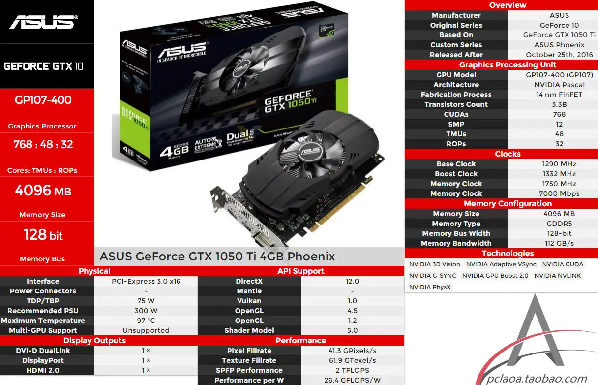 Asus PH-GTX1050TI-4G PHOENIX Edition 4G Игровая графика низкое энергопотребление