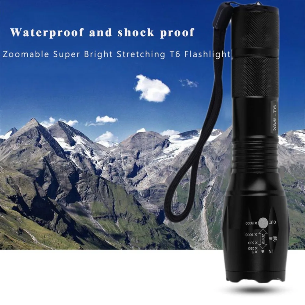

500mA PVC Zoomable Super Bright Stretching T6 Flashlight 6000Lumens Torch 5 Modes Tactical +18650 Battery + Charger