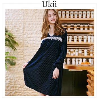 

Ukii Velvet Night Dress Winter Long Warm Solid Sleepwear Long Sleeve Comfortable Nightwear With Lace Women V Neck Thin Sleepwear