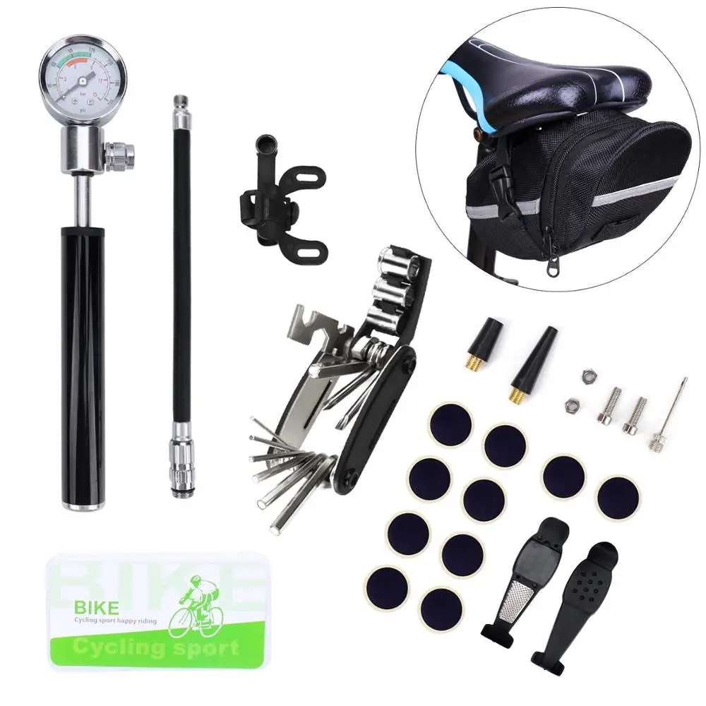 

Mini Bike Pump and Bike Tire Repair Tool Kit - Glueless Puncture Repair Kit for Presta Schrader with Pressure Gauge for Bicycle