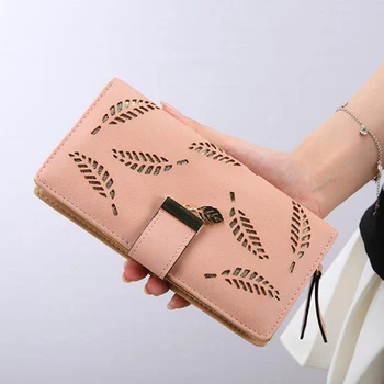 

Women Wallet PU Leather Purse Female Long Wallet Gold Hollow Leaves Pouch Handbag For Women Coin Purse Card Holders Clutch