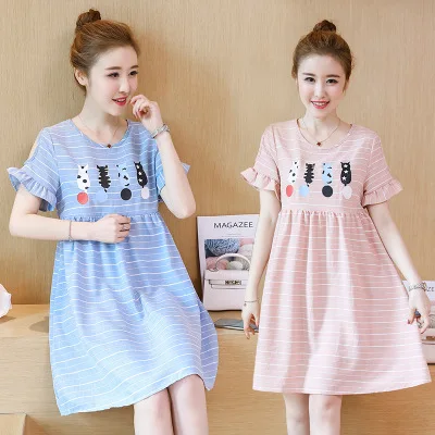 

Maternity Clothes 2019 Summer New Style Korean-style off-Shoulder Stripes Cat Printed Nursing Pregnant Women Dress Nursing Cloth