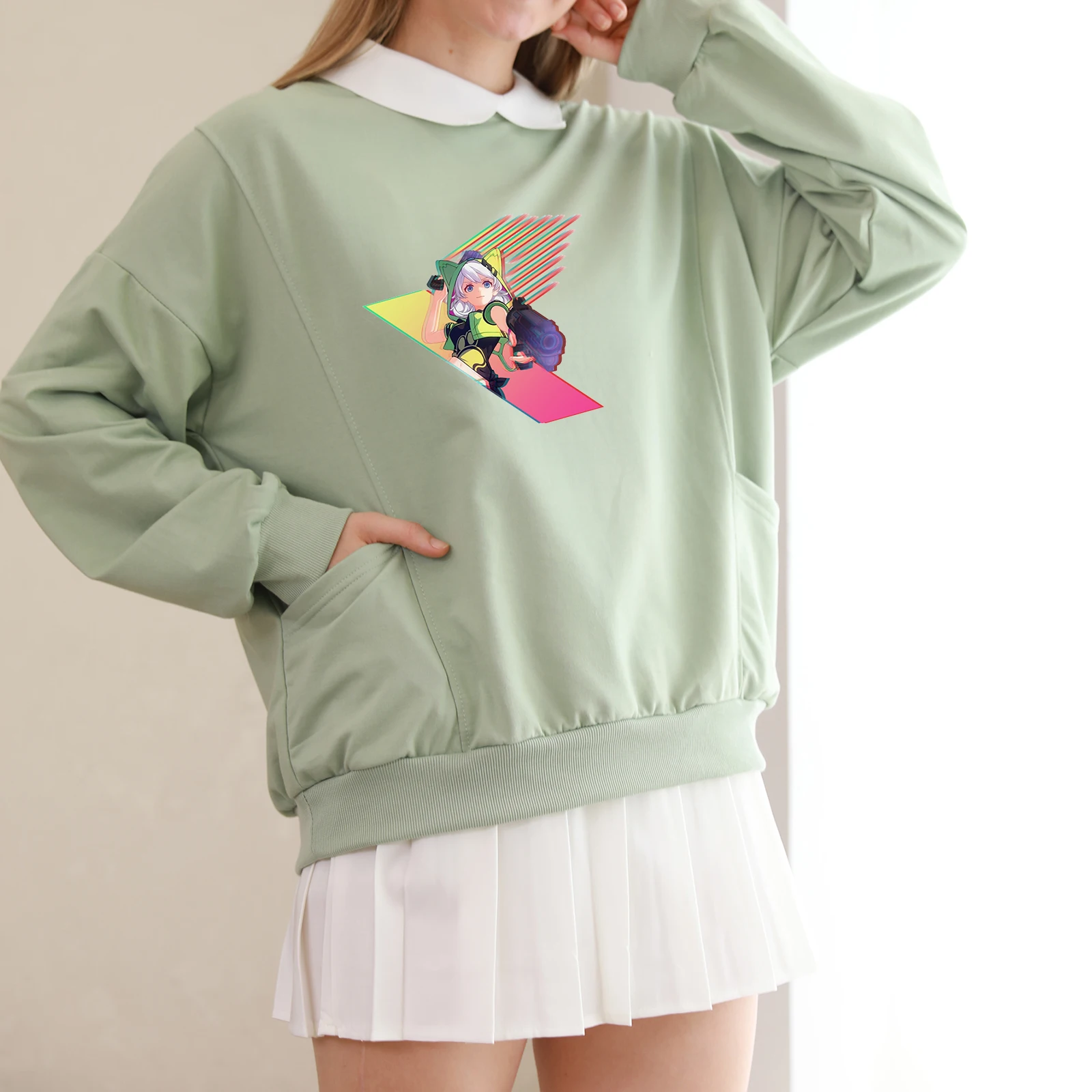 

Women Korean Kpop Street Style Sweatshirt Sweet Kawaii Cartoon Anime Print Turndown Collar Pullover Cotton Full-sleeve Hoodie