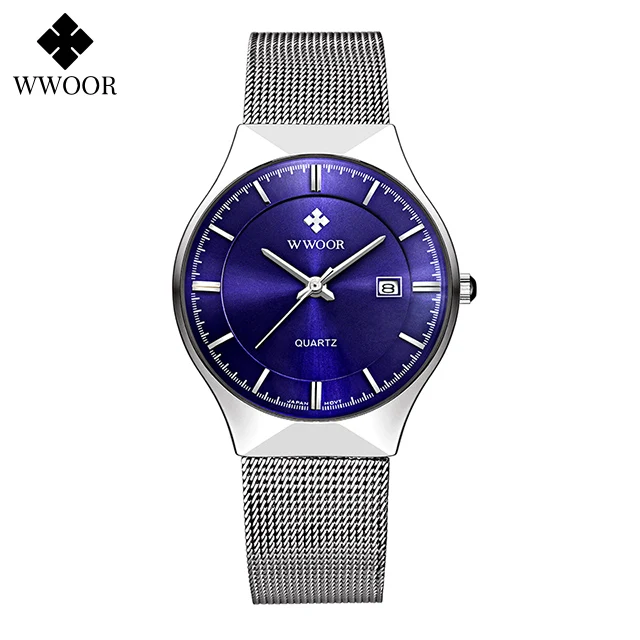 WWOOR Luxury Ultra Thin Mens Quartz Wristwatches Waterproof Casual Sports Mesh Steel Gold Automatic Date Watch Relogio Masculino times quartz watch price Quartz Watches