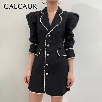 

GALCAUR Patchwork Pearls Blazer For Women Notched Collar Long Sleeve High Waist Pockets Streetwear Coats Female 2020 New Clothes