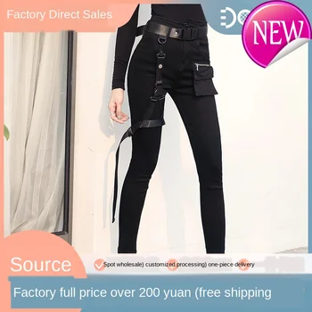 

Punk Sweetown Black Gothic Skinny Denim Pants Women Moto & Biker Streetwear Patchwork Pockets High Waist Trousers with Sashes