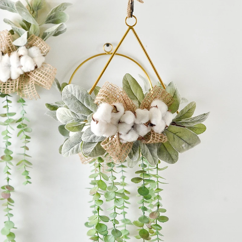 JAROWN European Style Geometry Metal Cotton Flower Garland Hemp Rope Home Wall Decoration Furnishing Artificial Plant Hanging Ring (8)