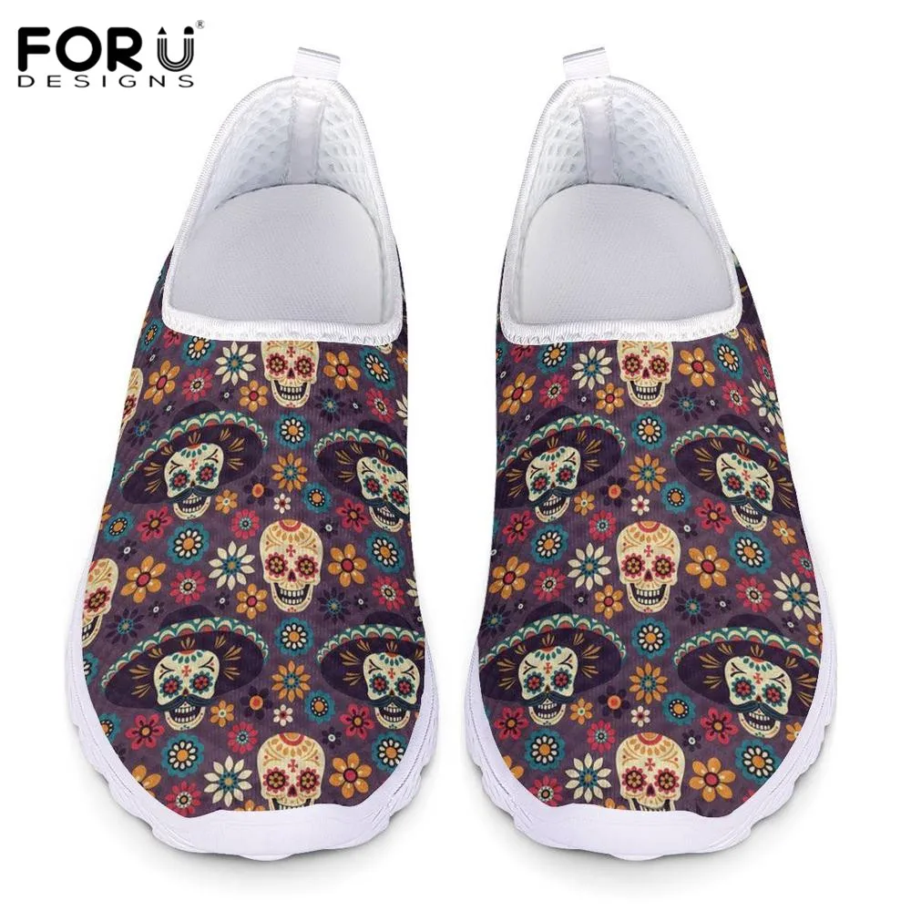 

FORUDESIGN Sugar Skull With Flower Pattern Women Lightweight Slip On Breathable Footwear Ladies Mesh Knitted Flat Shoe Plus Size