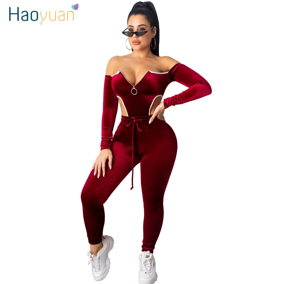 

HAOYUAN Sexy Velvet Two Piece Set Tracksuit Women Fall Winter Matching Clothing Bodysuit Top Jogger Pant Sweat Suit Club Outfits