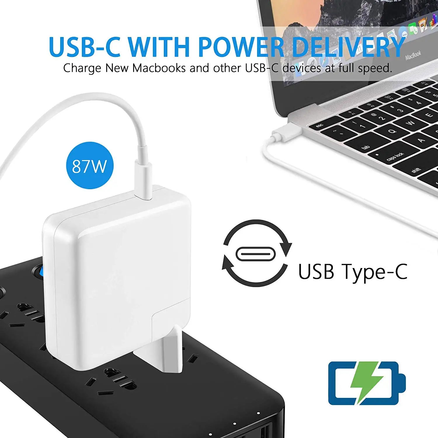 87 Вт USB-C адаптер питания type C подходит для MacBook Pro 15 дюймов 13 дюймов с Thunderbolt 3(USB-C-USB-C кабель в комплекте) шнур питания