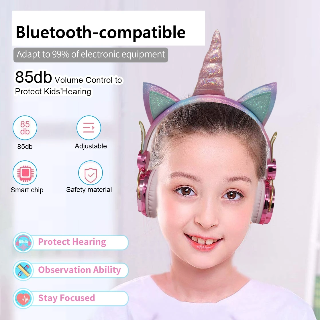 Cute Unicorn Headphones for Girls Kids Children Bluetooth Wireless Earphone with Mic Music Stereo Phone Helmet School Gifts