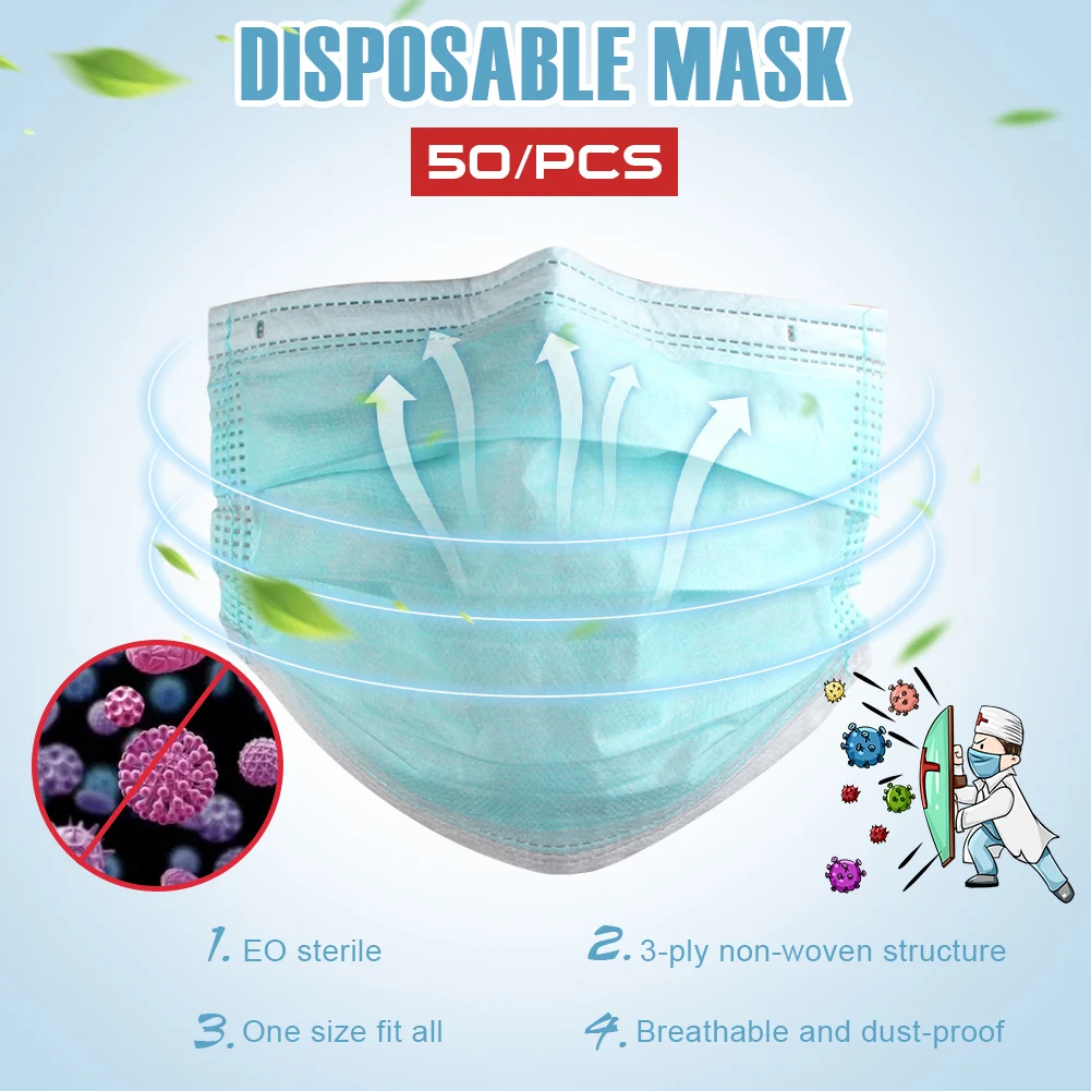 

50Pcs Face Masks 3-ply Disposable Non-Woven Daily Care Masks Dust-proof,disposable mask