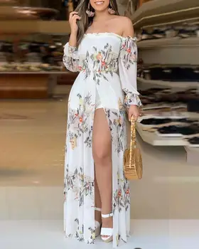 

Women Summer Floral Print Culotte Design Thigh Slit Romper Female Casual Long Sleeve Short Jumpsuit Ladies Sexy Print Playsuit