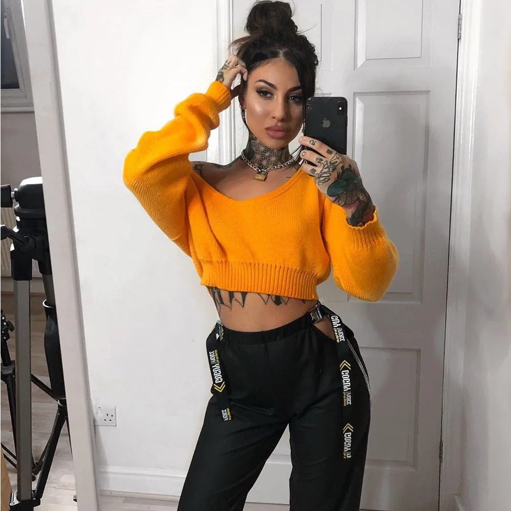 2020 Autumn Winter Pullover Sweaters Long Sleeve Solid Sexy Crop Tops Fashion Slash Neck Knitted Sweaters Female JKP3732