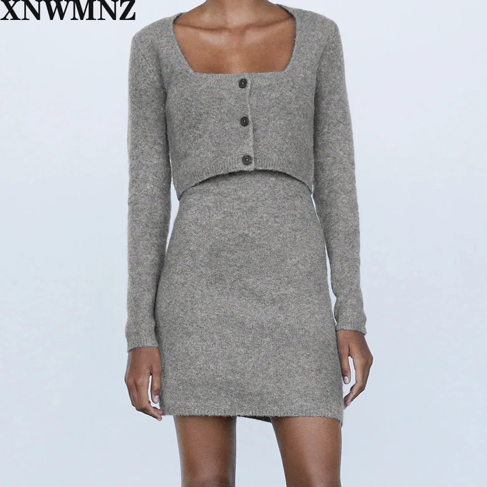

XNWMNZ Za Women Vintage cropped cardigan round neckline long sleeves casual sweater for female