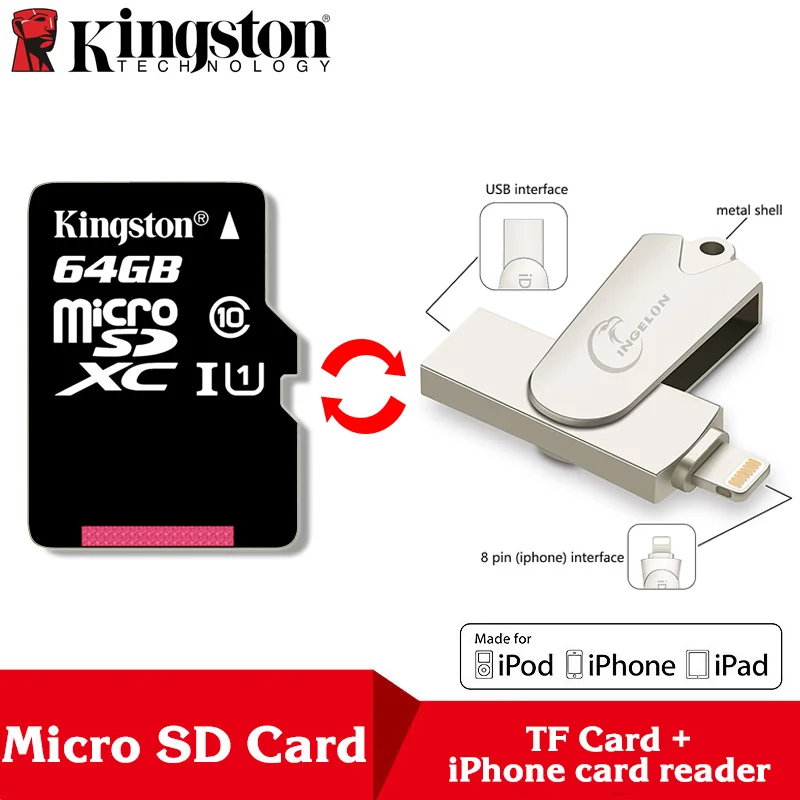 Kingston Microsd 8 ГБ 16 ГБ 32 ГБ 64 Гб 128 ГБ 256 Гб карта памяти класс 10 SDHC TF карта с адаптером/ридером для iphone и ноутбука - Емкость: TF64-R005-Reader