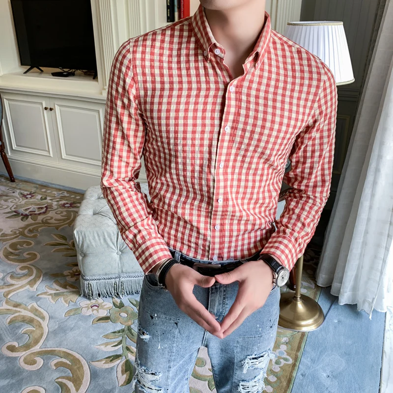 

Autumn Winter New Men Plaid Shirt Korean Slim Fit Mens Long Sleeve Shirts Streetwear Tuxedo Shirt Night Club Party Wear Blouses