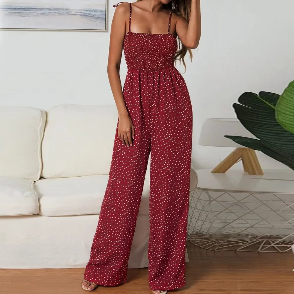 Monos con puntos de Polka sin mangas y tirantes finos para mujer, pantalones de pierna largo ancho sin mangas, monos sexys con espalda descubierta para playa de verano