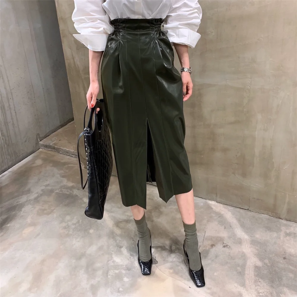 

Bodycon Elegant Women PU Leather Midi Skirt Autumn Winter Ladies Package Hip Slit Pencil Skirt
