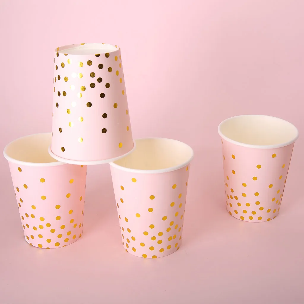 10 Pcs Gold Dots Paper Cups Disposable Tableware Baby Birthday Wedding Party Decoration Christmas Tableware Supplies Pink Blue