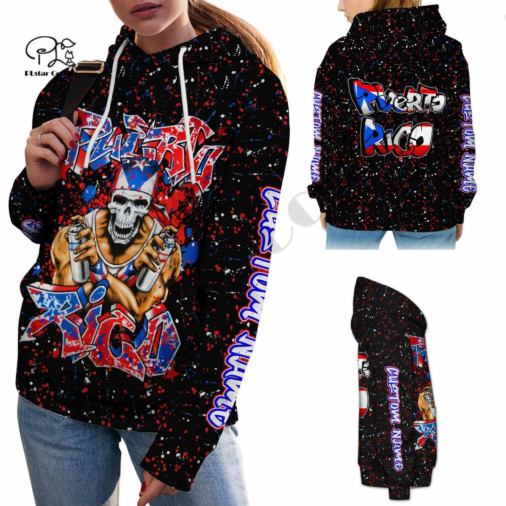 PLstar Cosmos 3DPrinted Newest Puerto Rico Graffiti Skull Custom Name Unique Unisex Streetwear Harajuku Hoodies/Sweatshirt/Zip 5