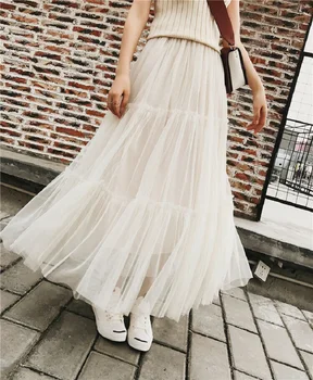 

Fashion women's high waist tulle mesh skirt Casual solid color simple breathable elastic pleated and ankle long ladies skirt