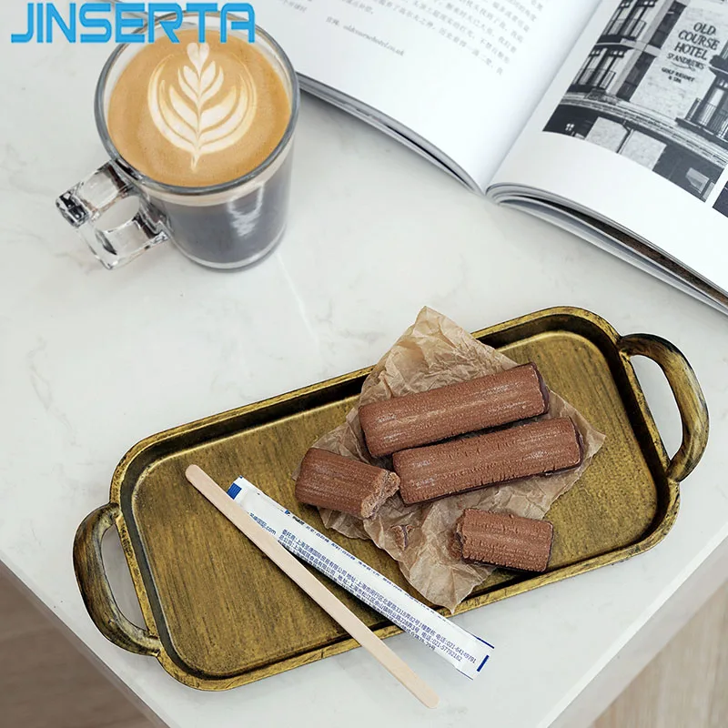 

JINSERTA Antique Metal Serving Tray Jewelry Display Plate Cosmetic Organizer Tea Coffee Milk Food Plate Desktop Sundries Tray