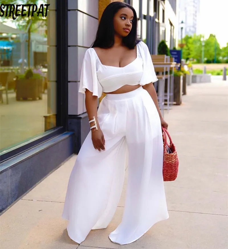 Oversized Sexy Two Piece Set Women Elegant Crop Top+wide Leg Pants Sets  2021 Festival Clothing Chic Party Club Outfits Femm - Pant Sets - AliExpress