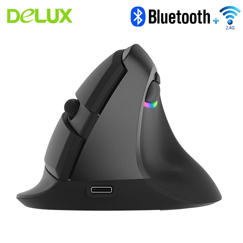 Цена Delux M618 мини беспроводная Bluetooth игровая мышь Вертикальная Эргономичная перезаряжаемая компьютерная геймерская Mause RGB компьютерная мышь с под...
