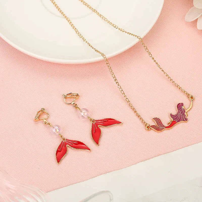Red Mermaid Earring Necklace Cute Simple Jewelry 2 Pcs Set Clip on