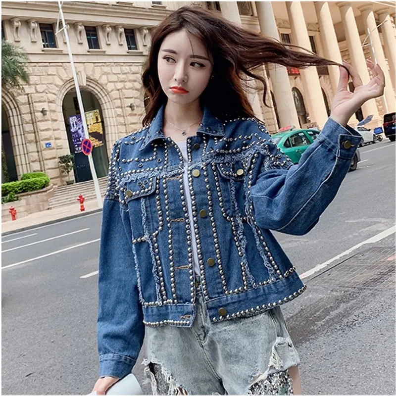 Autumn Women Harajuku Denim Jacket Coat Heavy Hand Beaded Rivet Short Jeans Jacket Student Basic Coats Outfit