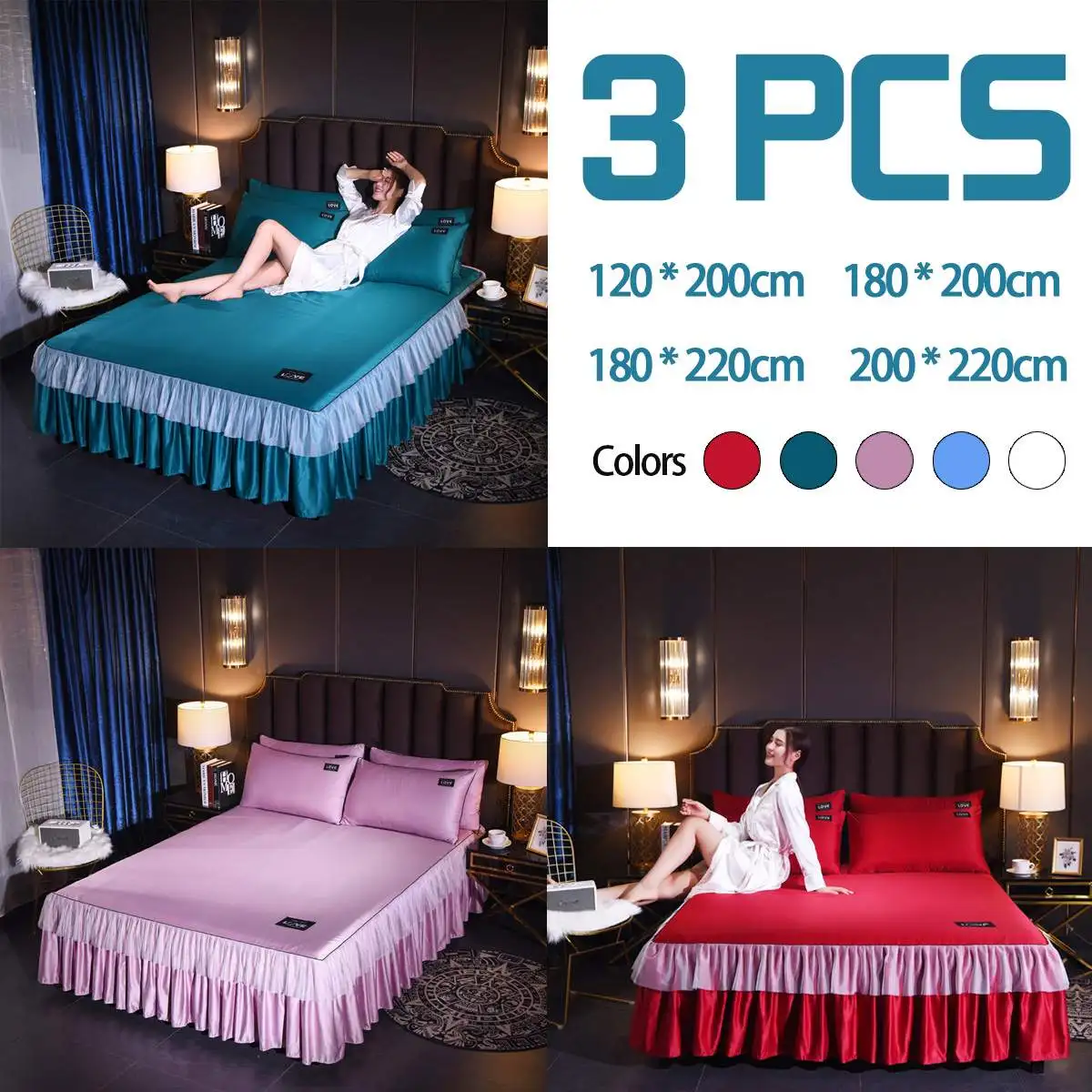 

3PCS Romantic Silk Bedding Sets Soft Smooth Bed Skirt With Bed Surface Pillowcase Home Textile Bed Set Full Queen King Size
