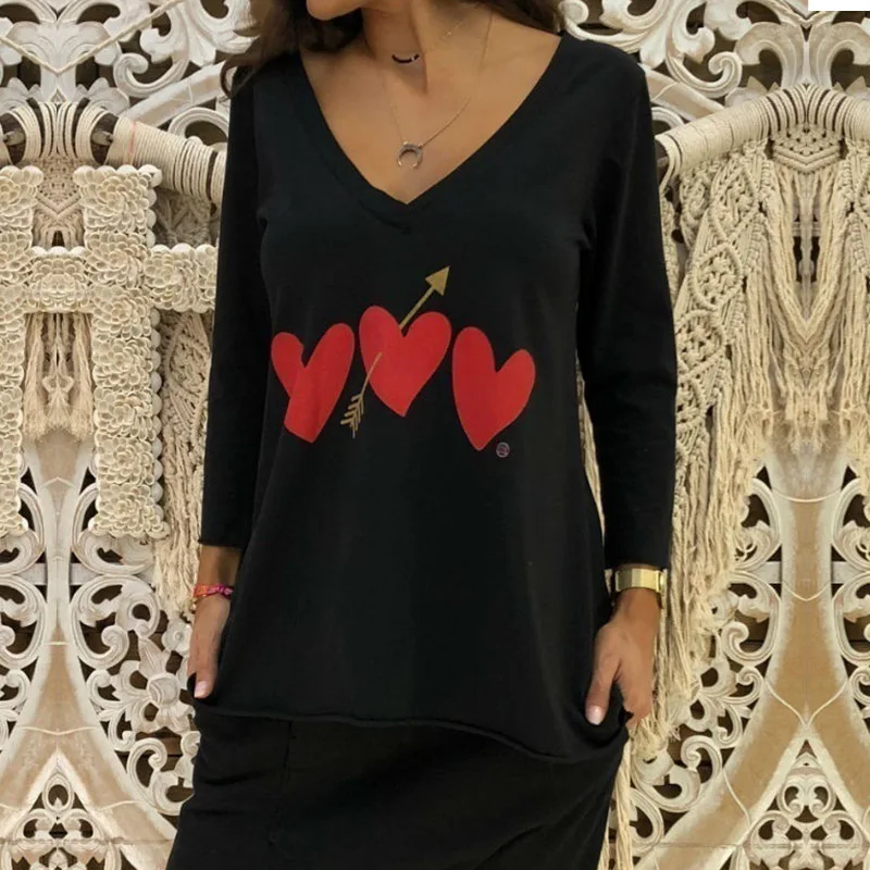 

2019 Autumn Love Arrow Print Tops Women's V Neck Long Sleeve Blosue Casual Blusas Female Basic Tops Plus Size Tunic Shirts 5XL